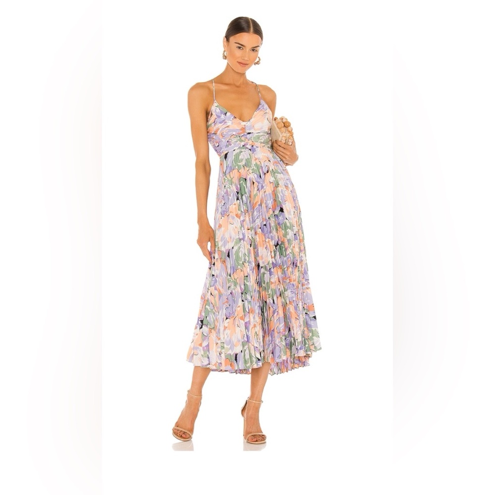 Astr Floral Pleated Midi Dress in Lavender, Peach & Green